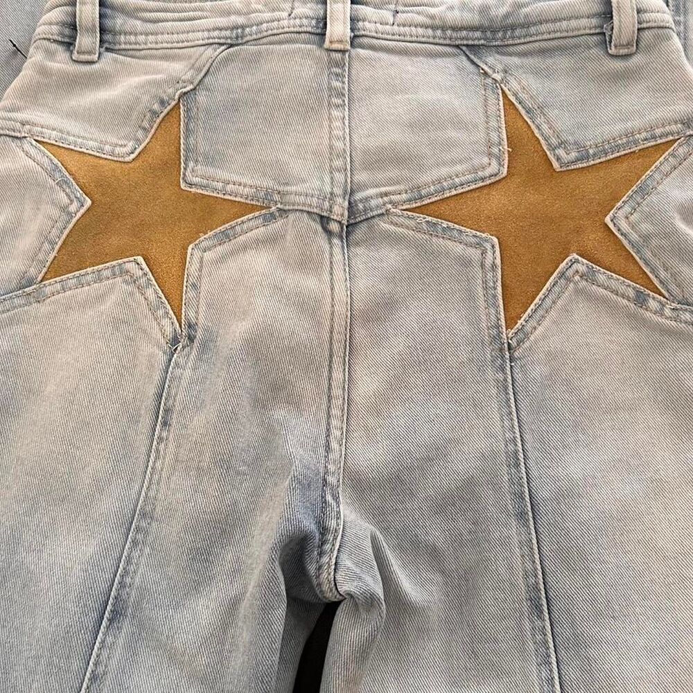 Free People firecracker Light Blue Flare Jeans with mustard yellow Star - Picture 5 of 8